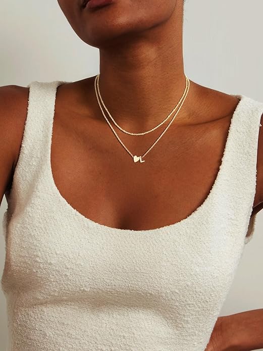 FOCALOOK Layered Initial Necklace for Women, 14K Gold Plated Choker Necklaces Stacks with Initial A-Z, Dainty Silver Heart Pendant Necklace Personalized Birthday Women Jewelry