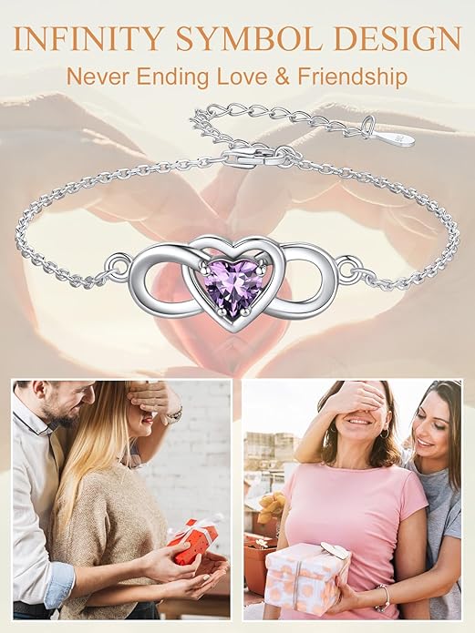 Custom4U Personalized Infinity Love Symbol Link Bracelets for Women 925 Sterling Silver Birthstone Bracelet Adjustable Engraved Chain Christmas Mother's Day Birthday Jewelry Gifts for Mom Her