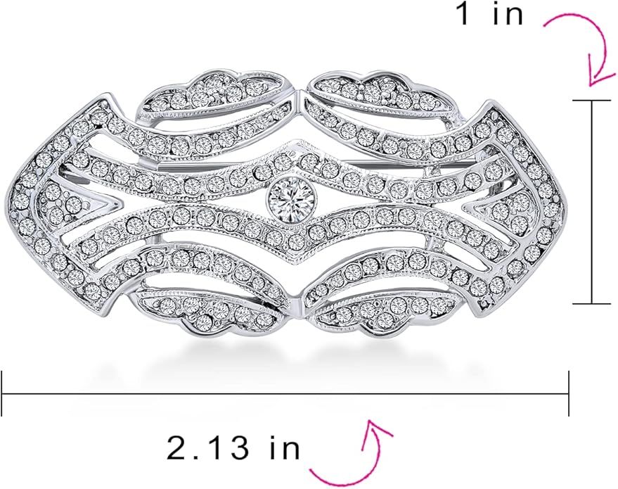 Statement Large Pave Wedding Bridal Crystal Fashion Gatsby Vintage Art Deco Style Scarf Brooch Pin For Women Silver Plated Brass