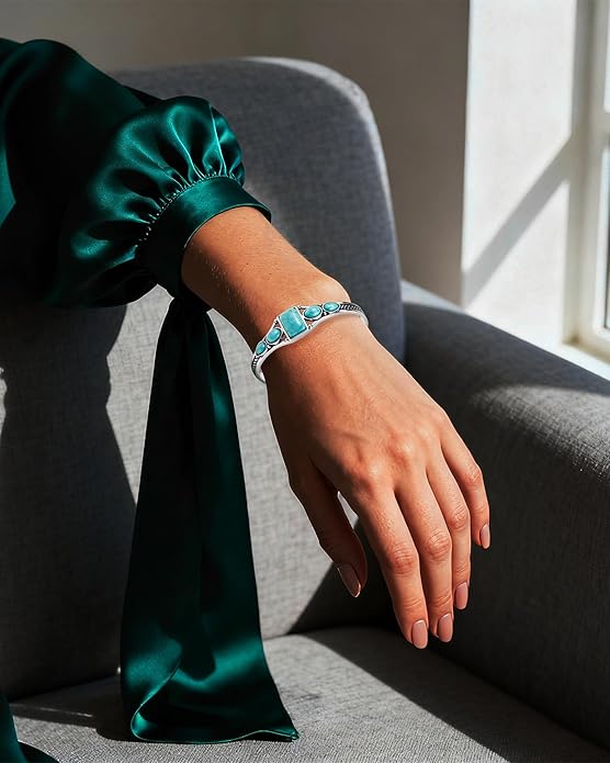 Boho Turquoise Silver Cuff Bracelet for Women, Vintage Jewelry Bangle with Carved Details, Adjustable Silver Bangles for Women, Sterling Silver Plated Bangles Style
