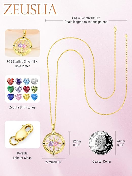 Zeuslia Double Birthstone Necklace Gifts for Wife - 925 Sterling Silver Sunflower/Rose/Crown Cross/Compass/Heart Pendant I Love You Necklace, Anniversary Birthday Gifts for Wife Girlfriend Mom Her