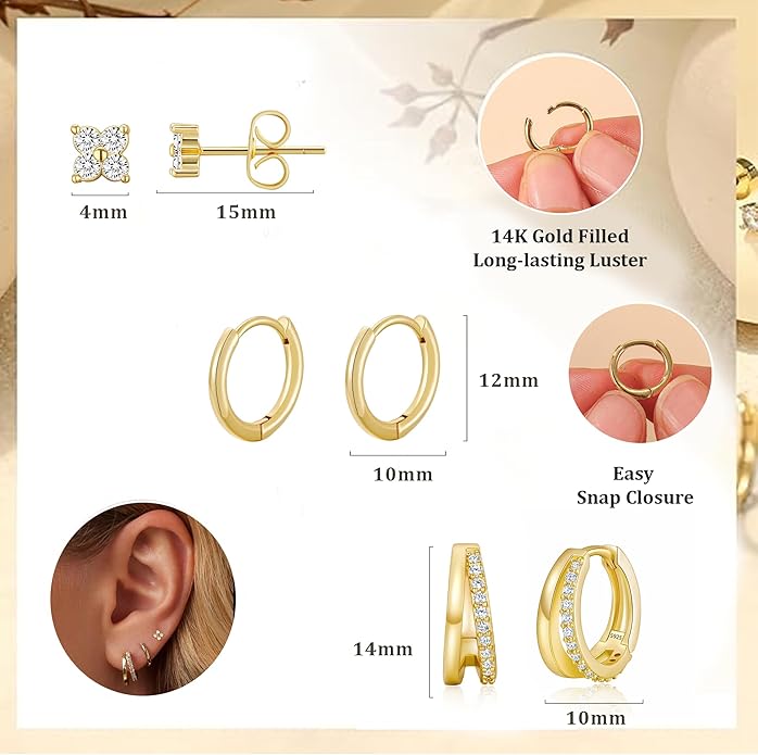 DORANA Valentines Day Gift 3 Pairs 925 Sterling Silver Earrings for Women Girls Non Tarnish Small Hypoallergenic Huggie Hoops Cartilage Stack Earring Sets for Multiple Piercing