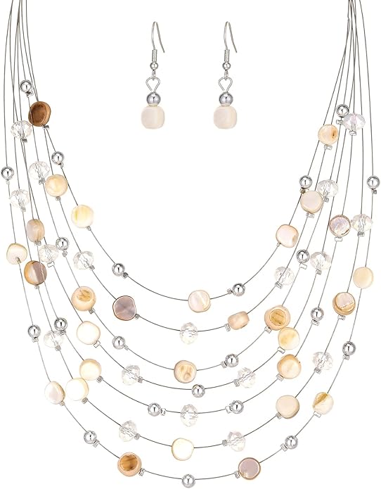 Multi-Layer Boho Shell Beaded Necklace for Women Colorful Crystal Strand with Silver Beads Statement Collars Necklace and Earrings Costumes Jewelry Sets for Women