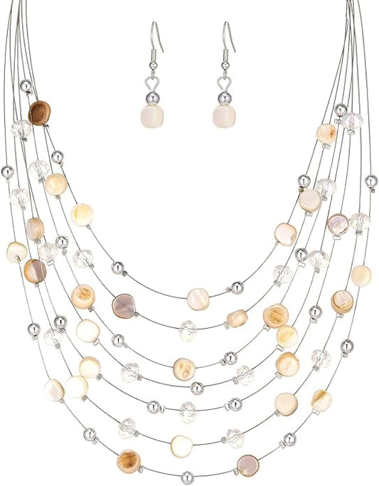 Multi-Layer Boho Shell Beaded Necklace for Women Colorful Crystal Strand with Silver Beads Statement Collars Necklace and Earrings Costumes Jewelry Sets for Women