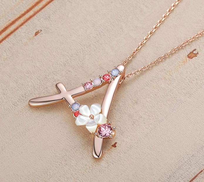 Flower Initial Letter Necklace Pink Red Blue Simulated Pearl Pendant Name Jewelry Made with Austrian Crystals Rose Gold Plated Anniversary Birthday Gifts for Women,18"+2"