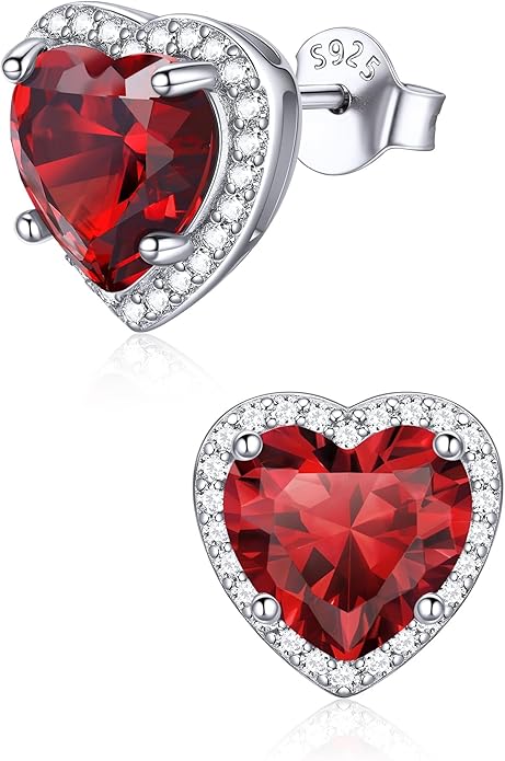 ChicSilver 925 Sterling Silver Birthstone Earrings for Women, 8MM/2 Carat Heart & Round Cubic Zirconia Stud Earrings, Hypoallergenic Jewelry, Ideal Birthday or Christmas Gifts