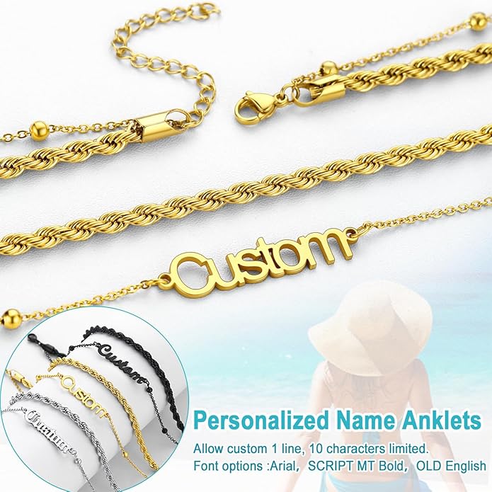 U7 Custom Layered Ankle Bracelets for Women Stainless Steel Bead/Cuban/Figaro/Rope/Wheat Chain Anklet Waterproof Anklet Jewelry for Beach Vacation
