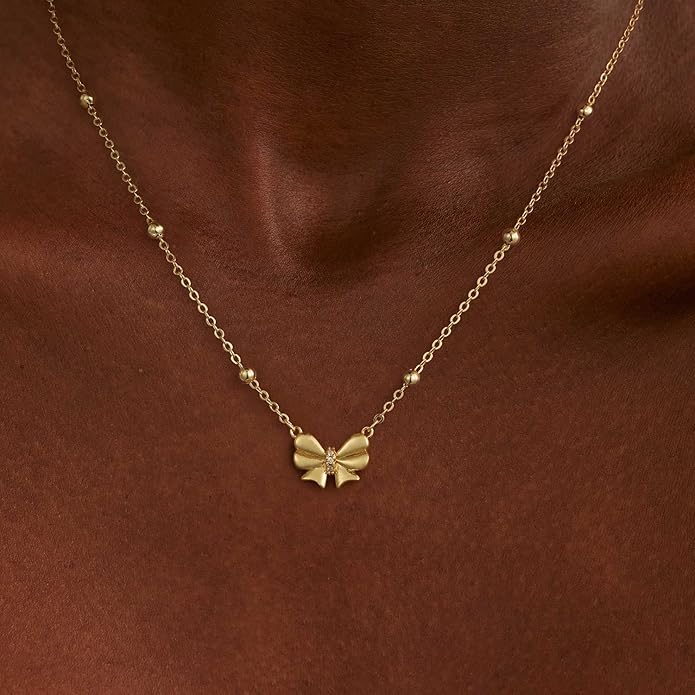 Gold Necklace for Women Dainty Bow Necklace 14K Gold Plated Cute Choker Necklace Small Bow Pendant Charm Necklaces Teen Gift Trendy Stuff Personalized Jewelry Gifts