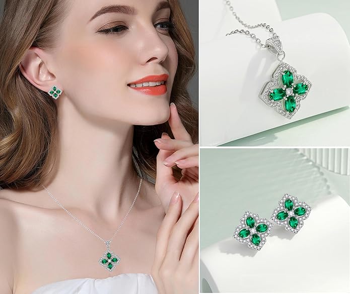 VONSSY Four Leaf Clover Necklace Earrings Shamrock Irish ST Patricks Jewelry Set Gift Green Emerald Zircon Crystal Stud 18k Gold Plated Chain Saint Pendant for Woman Wife Girlfriend