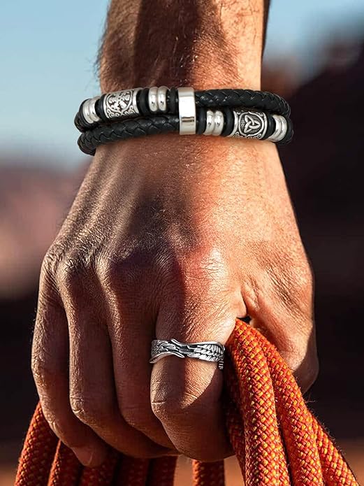 Bestyle Genuine Men Leather Bracelets Fashion Stainless Steel Celtic/Sport Ball Bead Cuff Wirstband Bracelets for Men, Size 7.5/8.3/9.1Inch