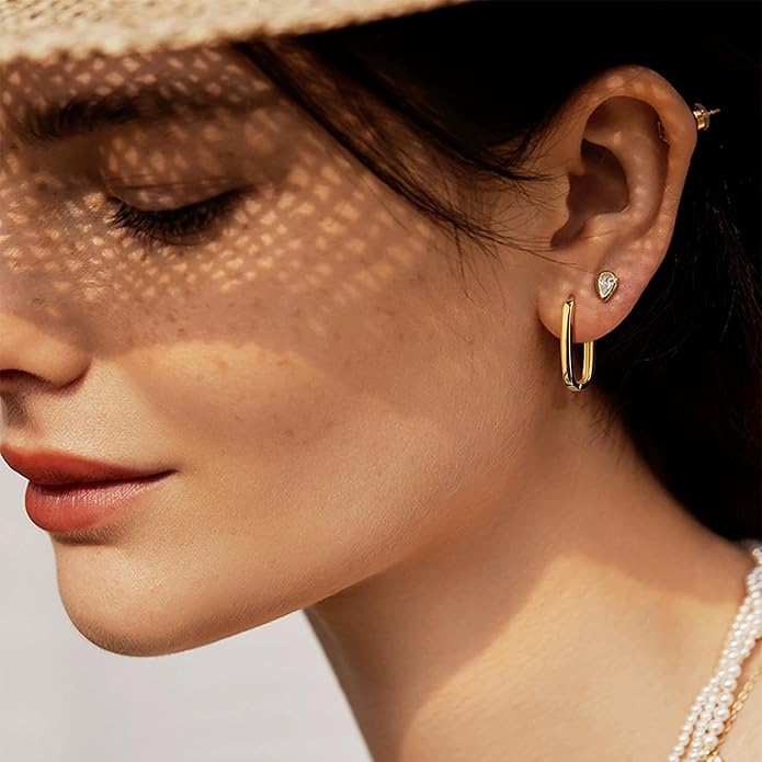 925 Sterling Silver Rectangle Hoop Earrings for Women Silver Geometric Hypoallergenic Oval Hoop Earrings 14K Gold Square Huggie Hoops Earrings for Jewelry Gifts