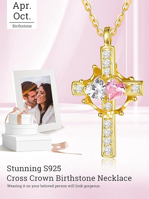 Zeuslia Double Birthstone Necklace Gifts for Wife - 925 Sterling Silver Sunflower/Rose/Crown Cross/Compass/Heart Pendant I Love You Necklace, Anniversary Birthday Gifts for Wife Girlfriend Mom Her