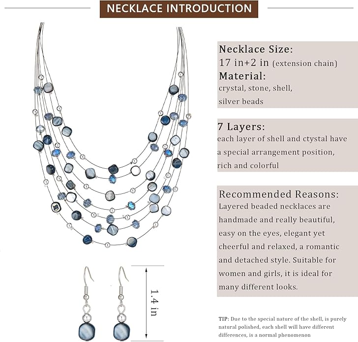 Multi-Layer Boho Shell Beaded Necklace for Women Colorful Crystal Strand with Silver Beads Statement Collars Necklace and Earrings Costumes Jewelry Sets for Women