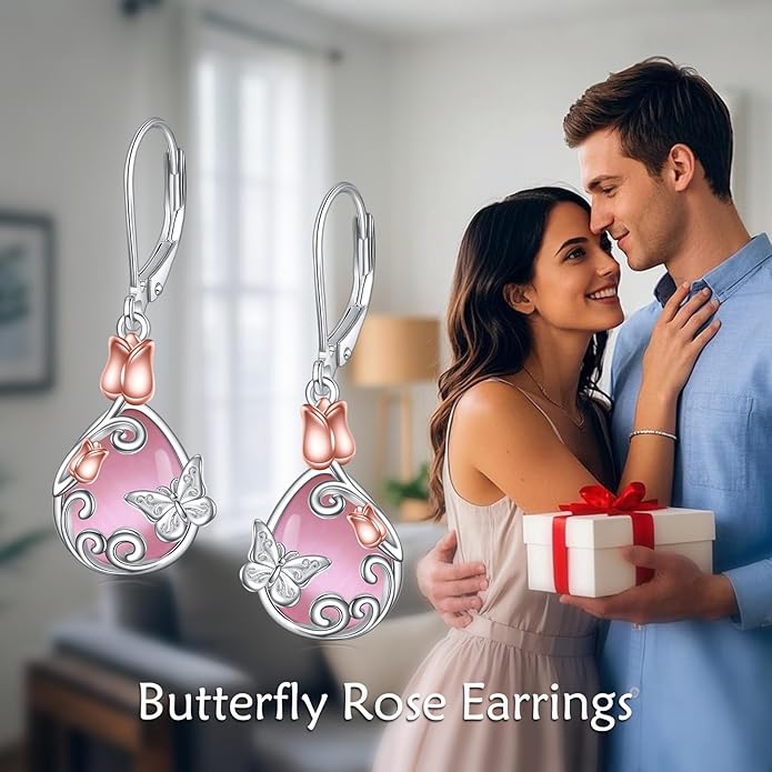 AOBOCO Butterfly/Dragonfly/Bee/Ladybug Leverback Earrings 925 Sterling Silver Rose Lotus Tulip Flower Filigree Dangle Earrings Teardrop Moonstone Larimar Turquoise Abalone Shell Jewelry Birthday Gifts for Women