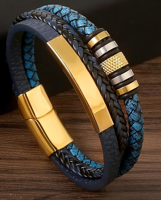 Italian Handmade Genuine Leather Bracelets for Men Stainless Steel Clip, Men's Casual Genuine Multi-layer Cuff Bracelet, Bracelet Gift for Real Men