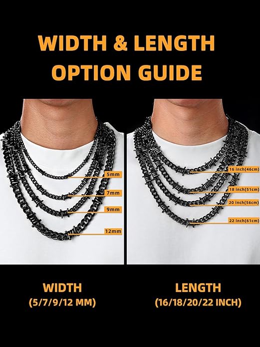 Bestyle Barbed Wire Necklace 5/7/9/12mm Mens Chain Necklaces Hip-hop Punk Gothic Stainless Steel Chain Heavy Thick Cuban Link Chain for Men Women, Length 16/18/20 Inch