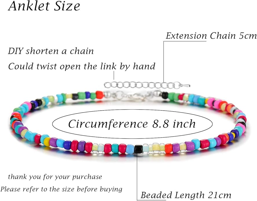XIJIN 8Pcs Handmade Beaded Anklets for Women Boho Colorful Beads Ankle Bracelets Adjustable Foot Anklet Set