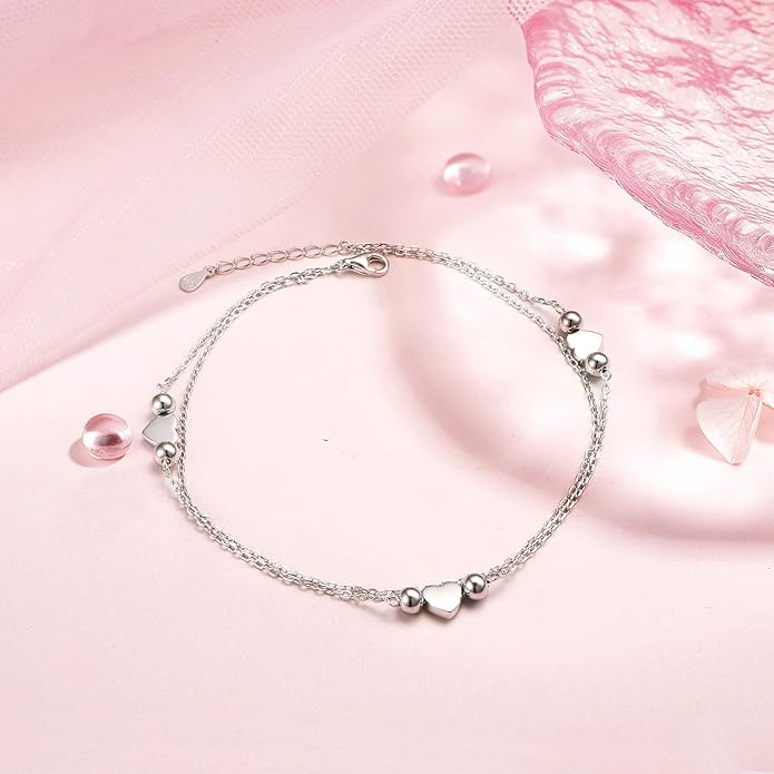 Anklet for Women S925 Sterling Silver Adjustable Foot Evil Eye Starfish Heart Bead Butterfly Celtic Knot Cross Multilayer Layered Ankle Bracelet Jewelry