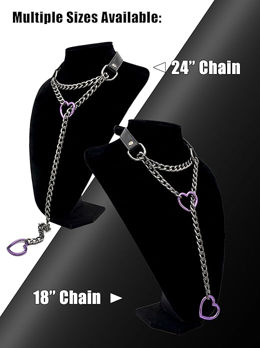 Black Leather Choker Collar For Women, Handmade Heart Slip Chain Choker Long Necklace with Adjustable Buckle
