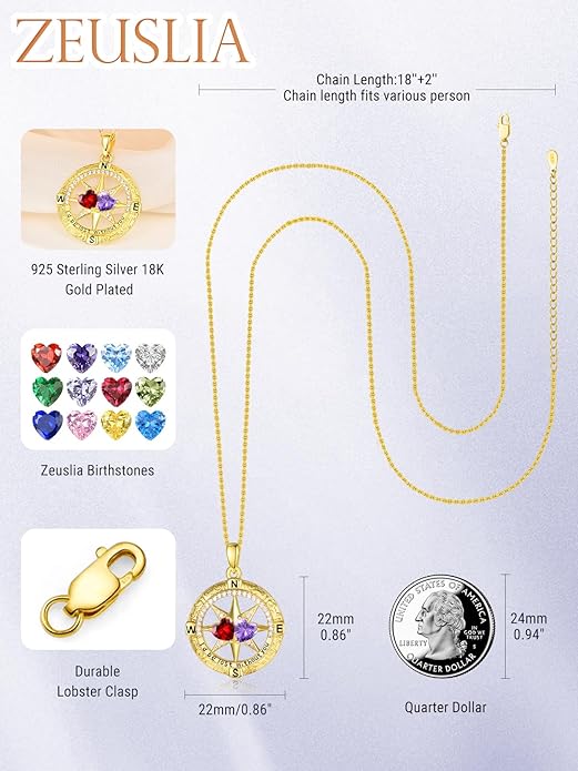 Zeuslia Double Birthstone Necklace Gifts for Wife - 925 Sterling Silver Sunflower/Rose/Crown Cross/Compass/Heart Pendant I Love You Necklace, Anniversary Birthday Gifts for Wife Girlfriend Mom Her