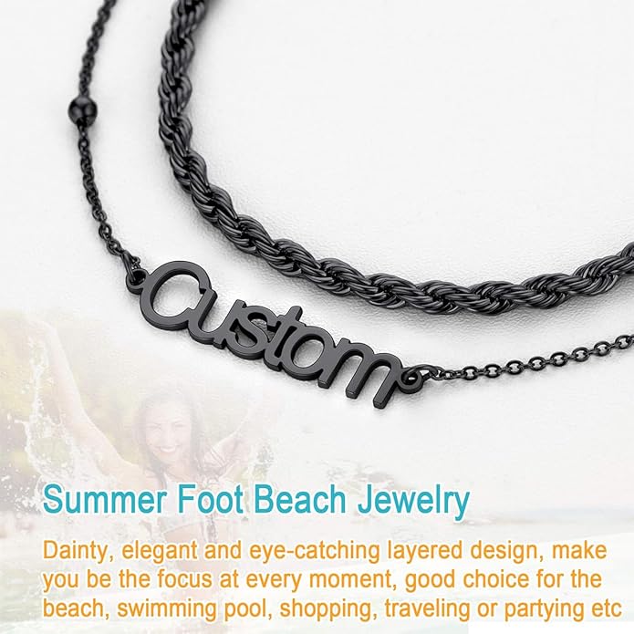U7 Custom Layered Ankle Bracelets for Women Stainless Steel Bead/Cuban/Figaro/Rope/Wheat Chain Anklet Waterproof Anklet Jewelry for Beach Vacation