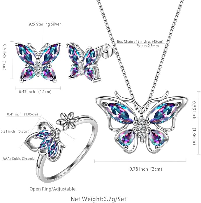 Aurora Tears Butterfly Jewelry,Women 925 Sterling Silver Butterflies Birthstone Pendant Necklace/Earrings/Rings Wedding Gift