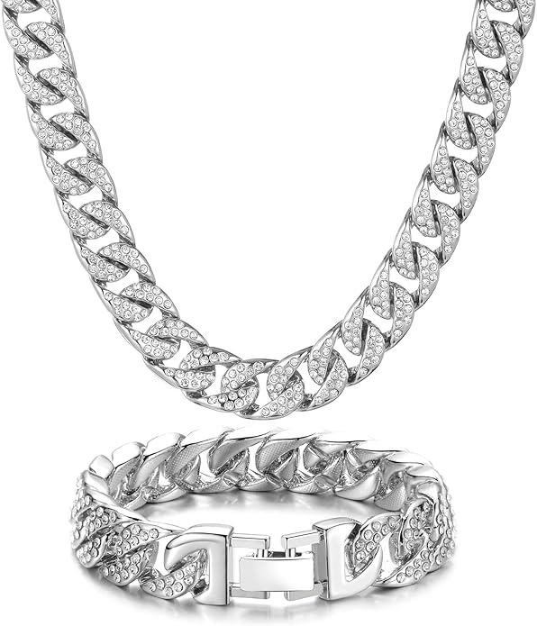 Saintda Cuban Link Chain and Bracelet Set for Men Women Iced Out Diamond Gift for Boys Hip Hop Rapper Jewelry
