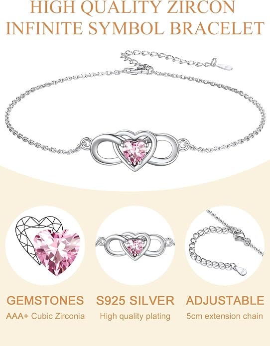 Custom4U Personalized Infinity Love Symbol Link Bracelets for Women 925 Sterling Silver Birthstone Bracelet Adjustable Engraved Chain Christmas Mother's Day Birthday Jewelry Gifts for Mom Her