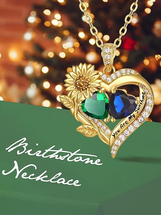 Sunflower Heart Necklace for Women 14K Gold Exquisite Anniversary Birthday Gifts for Wife Mother Her Double Birthstone Pendant jewelry‘You Are My Sunshine’