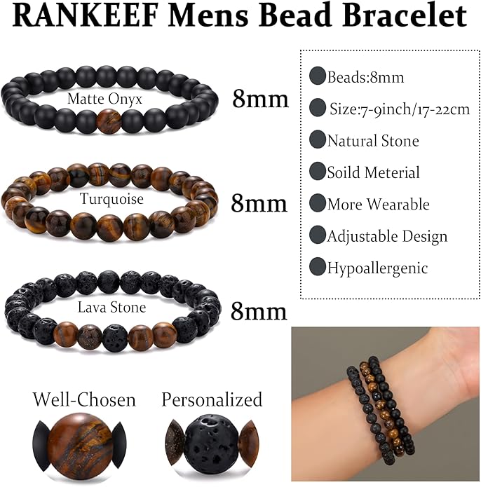 RANKEEF Mens Bead Bracelet Set - Adjustable Elastic Rope With 6&8MM Natural Stone Multi-Colored Beads - Tiger Eye Bracelets for Men - Gift