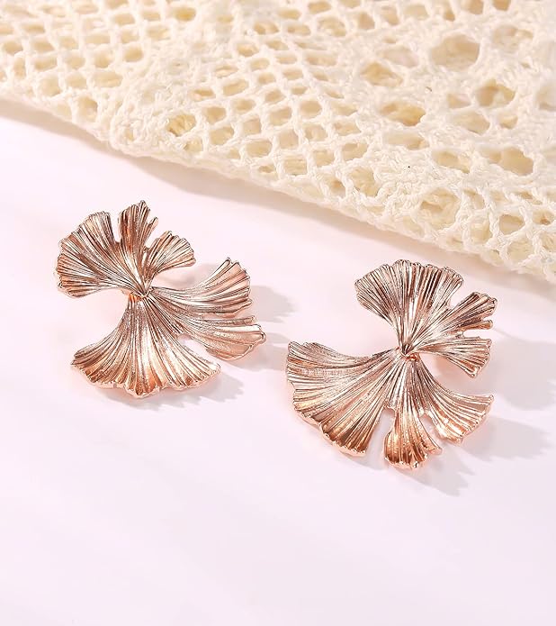 Ginkgo Leaf Flower Earrings, Gold Geometric Statement Earring, Big Fashion Design Boho Drop Dangle Earrings