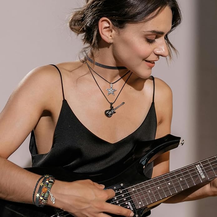 Multilayer Y2k Star Necklace Fairy Grunge Bracelets Set Handmade Fairycore Grunge Jewelry Gothic Swirl Star Necklace Punk Rock Roll Music Guitar Grunge Accessories for Women Men