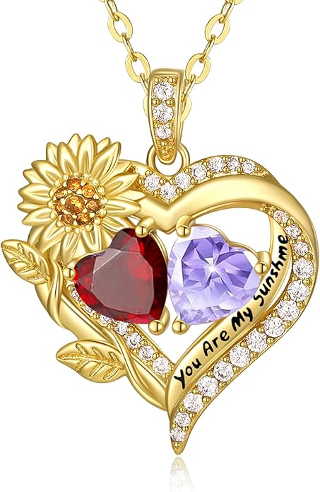 Sunflower Heart Necklace for Women 14K Gold Exquisite Anniversary Birthday Gifts for Wife Mother Her Double Birthstone Pendant jewelry‘You Are My Sunshine’