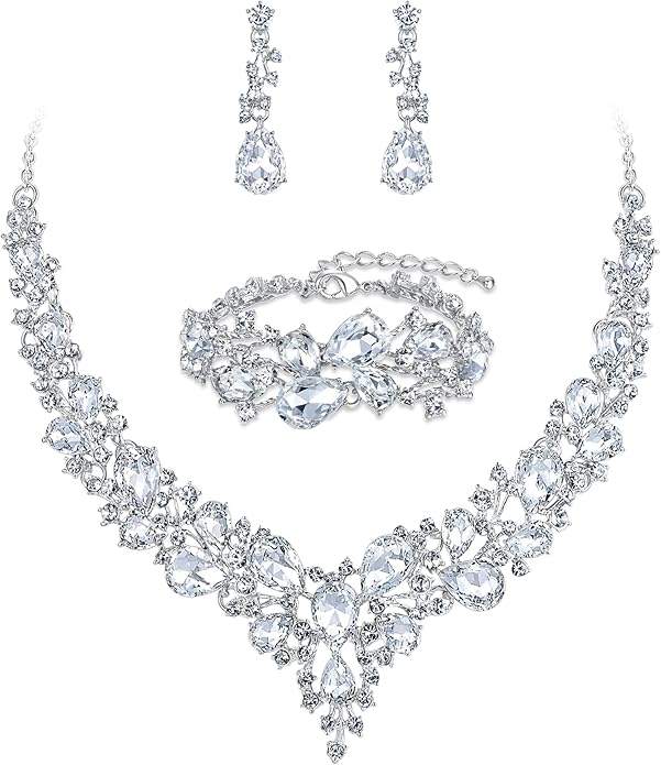BriLove Wedding Bridal Jewelery for Women Austrian Crystal Teardrop Cluster Statement Necklace Dangle Earrings Link Bracelet Set