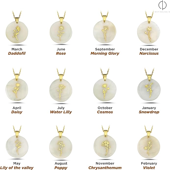 ONTHOLOGIE Birth Month Flower Necklace on Natural Mother of Pearl, 925K Sterling Silver Pendant Birth Flower Necklace, Personalized Birth Month Jewelry, Meaningful Gift for Women