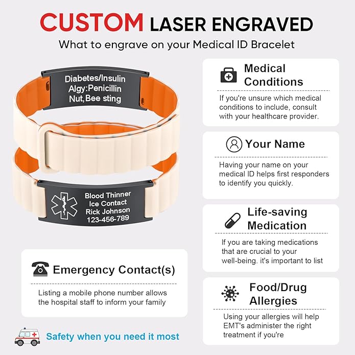 Comfortable Medical ID Bracelet for Men & Women - Custom Engraved Silicone Strap Comfort Fit Medical Alert Bracelets for Sports,Adjustable Waterproof Customizable Wristband for Diabetic