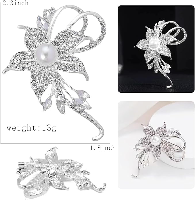 Crystal Pearl Flower Brooches Pins Fashion Beautiful Created Rhinestone Floral Brooch Good Idea for Party Dance Wedding Banquet for Elegant Women Girl