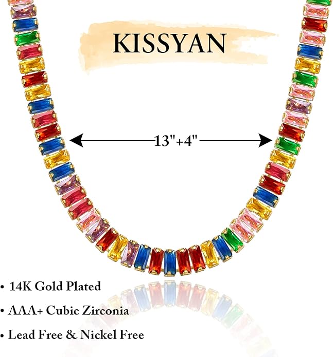 KissYan Diamond Tennis Necklace for Women, 14K/White Gold Plated Cubic Zirconia Baguette Tennis Chain Chunky Paperclip Link Cuban Choker Necklace Dainty Jewelry Gifts