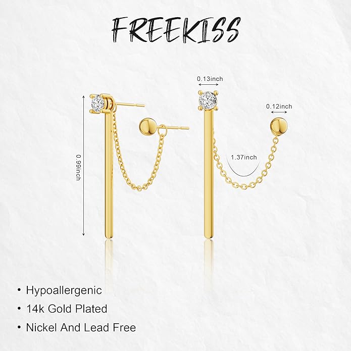 Freekiss Gold Chain Studs Earrings for Women Trendy: Hypoallergenic 14K Gold Plated Dangle Earrings Dainty Small Long Chain Earring Set Fashion Gold Jewelry for Women
