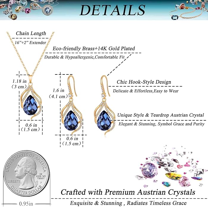 EVEVIC Austrian Crystals Teardrop Hollow Twisted Pendant Necklace Earrings for Women 14K Gold Plated Halo Drop Dangle Earrings Hypoallergenic Jewelry Set