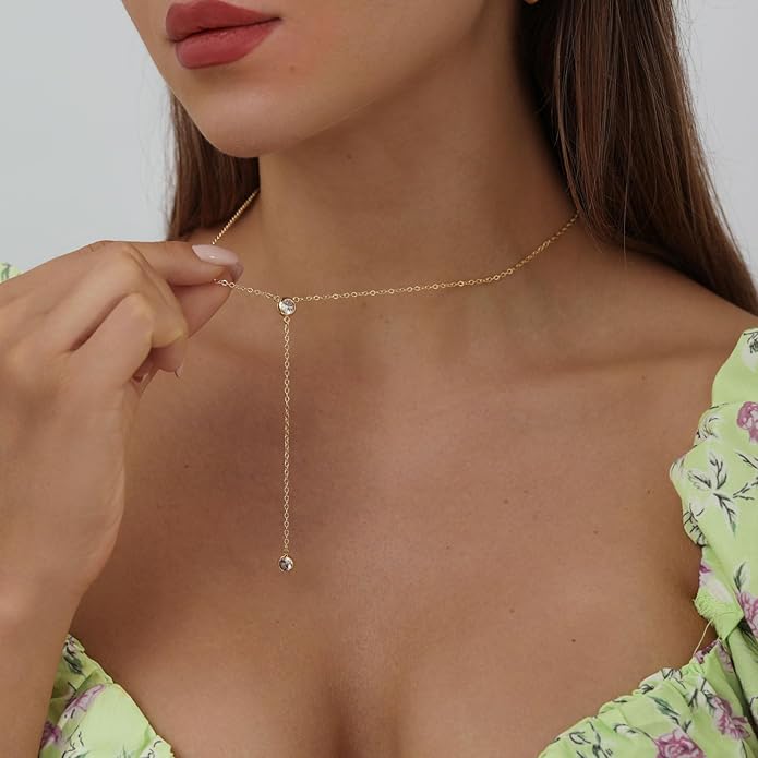 Gold Y Necklace for Women 14K Gold Plated Y-Shaped Drop Necklaces CZ Long Necklace Cubic Zirconia Pendant Layered Long Lariat Necklace Women Jewelry