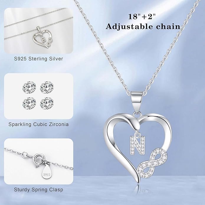 Valentine's Day Gifts for Women - Heart Initial Sterling Silver Necklace with Cubic Zirconia Heart Pendant, Elegant Jewelry Gift for Mom Wife Girlfriend, Perfect Birthday Present in Gift Box