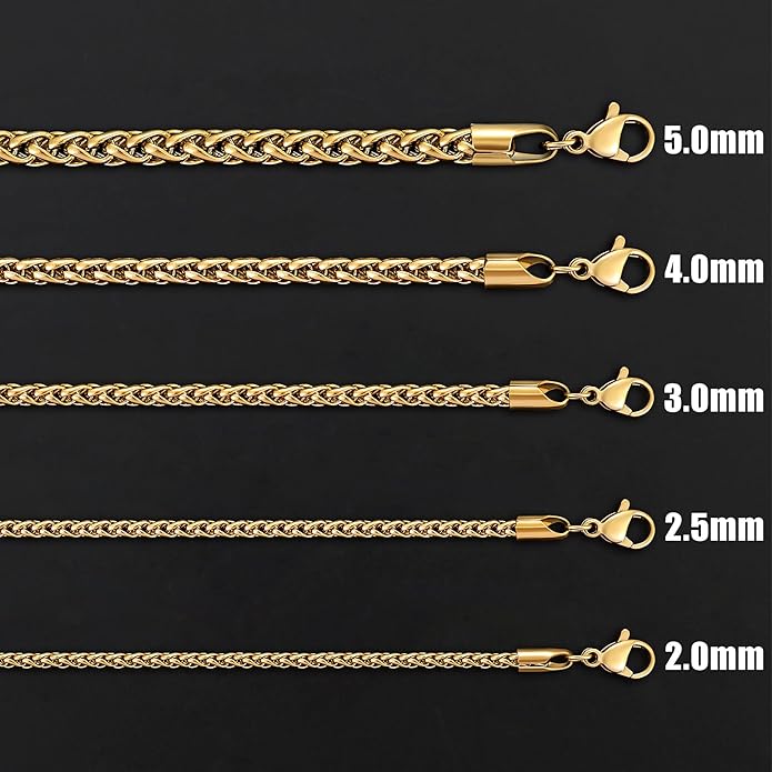 Fiusem Wheat Chains for Men and Women, 2/2.5/3/4/5mm Silver Tone/14K Gold Plated/Black Necklace Chain, Stainless Steel Mens Necklace 16-28 Inch