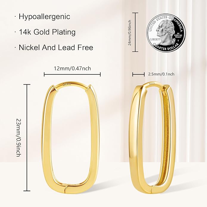 925 Sterling Silver Rectangle Hoop Earrings for Women Silver Geometric Hypoallergenic Oval Hoop Earrings 14K Gold Square Huggie Hoops Earrings for Jewelry Gifts