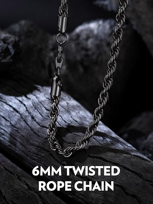 Bandmax Solid 1.5mm/2mm/3mm/6mm Rope Chains for Men Women 14K Gold Plated/Black Plated Stainless Steel Twist Chain 16-30 Inches, with Gift Box