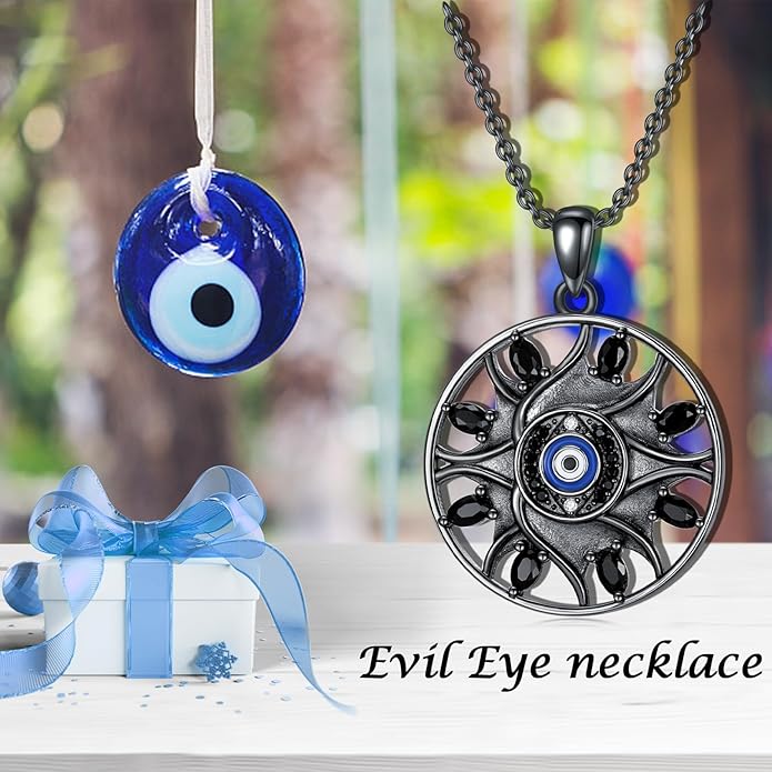 Evil Eye Necklace for Women 925 Sterling Silver, Protection Necklace with Blue Evil Eye Charm, Evil Eye/Lotus Pendant Jewelry, Birthday Christmas Gifts for Her