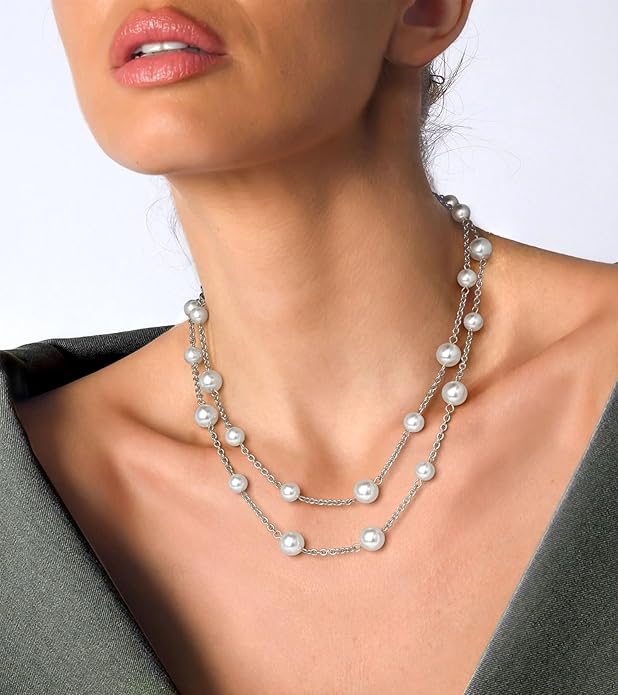 Gold Pearl Necklace for Women, Chunky 18K Gold Plated Layered Choker Chain - Double Layered Pearl Necklace, Trendy Gold Jewelry Birthday Gifts