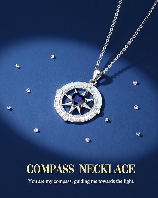 FANCIME Compass Necklace for Women Sterling Silver Compass Jewelry Opal Pendant Fine Jewelry Gemstone Birthday Mother's Day Gifts for Wife