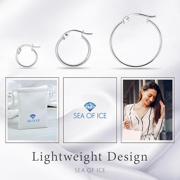 SEA OF ICE 925 Sterling Silver Hoop Earrings for Women - Hypoallergenic Earrings for Women in Sterling Silver, Yellow Gold, Rose Gold or Black Rhodium | Sizes 12MM, 15MM, 20MM or Multipack