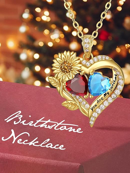 Sunflower Heart Necklace for Women 14K Gold Exquisite Anniversary Birthday Gifts for Wife Mother Her Double Birthstone Pendant jewelry‘You Are My Sunshine’